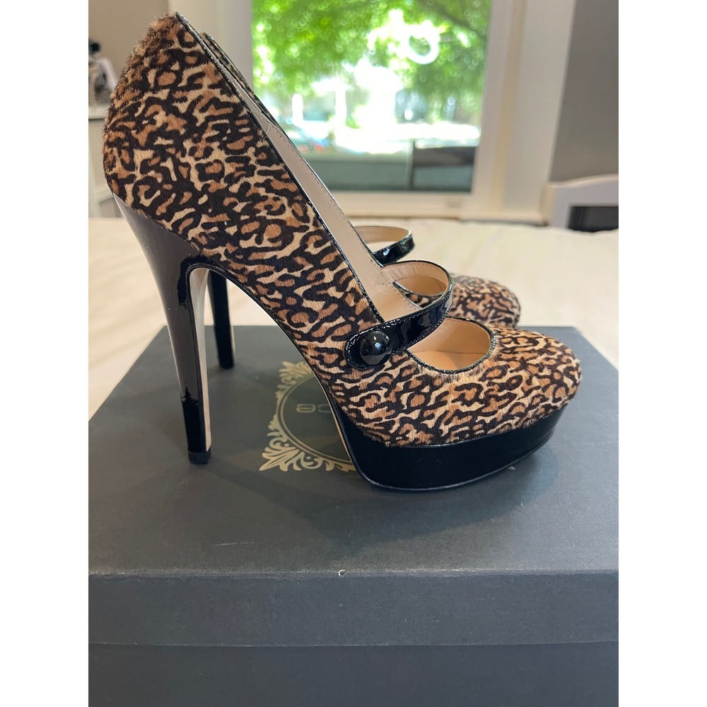 La Fenice Venezia Ginevra Leopard Calf Hair Platform Mary Jane Pumps Heels 5